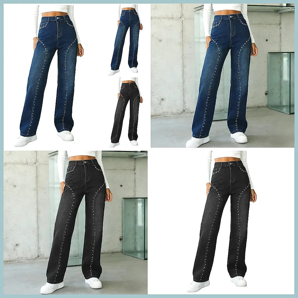 

Women's High Waisted Beaded Jeans, Trendy Wide Leg Stretchy Pants, Casual Straight Loose Fit Trousers