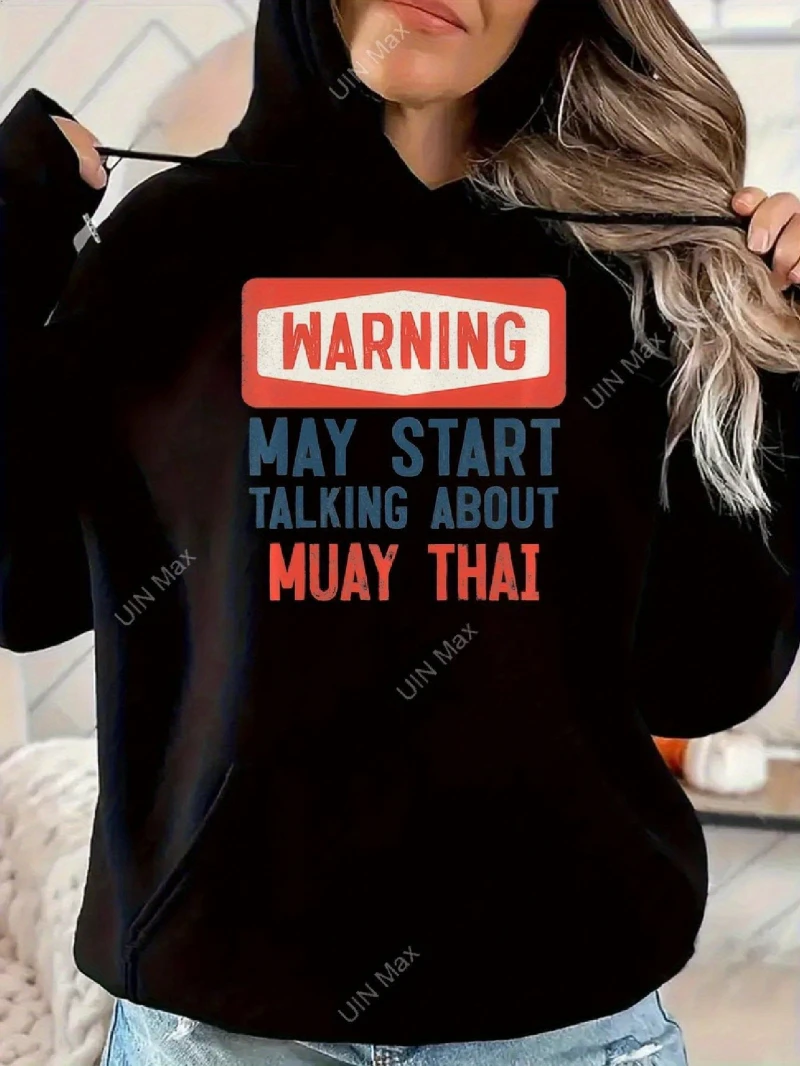 

Muay Thai Graphic Hoodie Warning May about Muay Thai Pullover Sweatshirt Black with Red Text Drawstring Hood for Casual Outfits