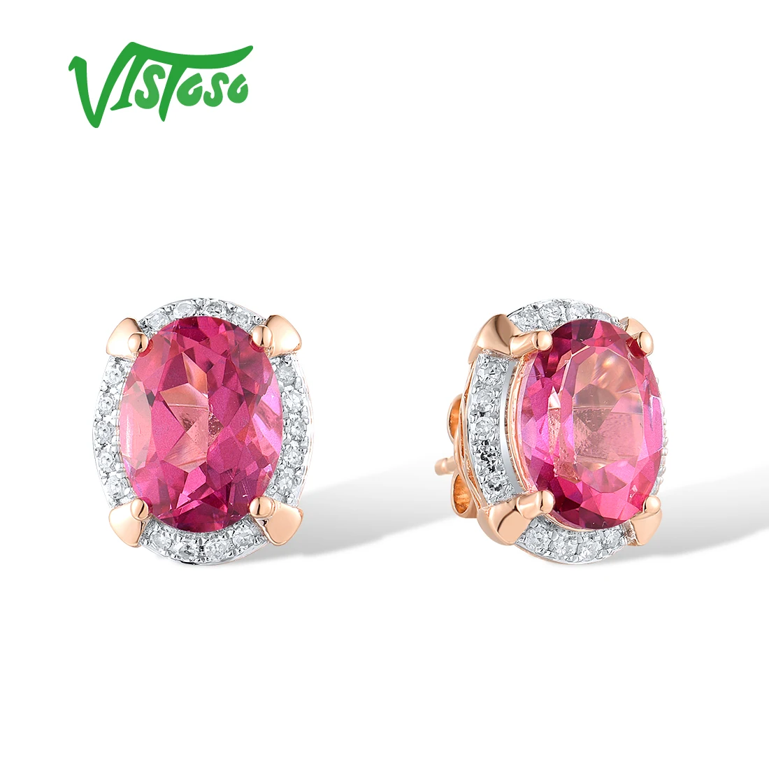 VISTOSO Pure 14K 585 Rose Gold Stud Earrings For Women Sparkling Diamond Oval Pink Topaz Simple Wedding Bridal Fine Jewelry