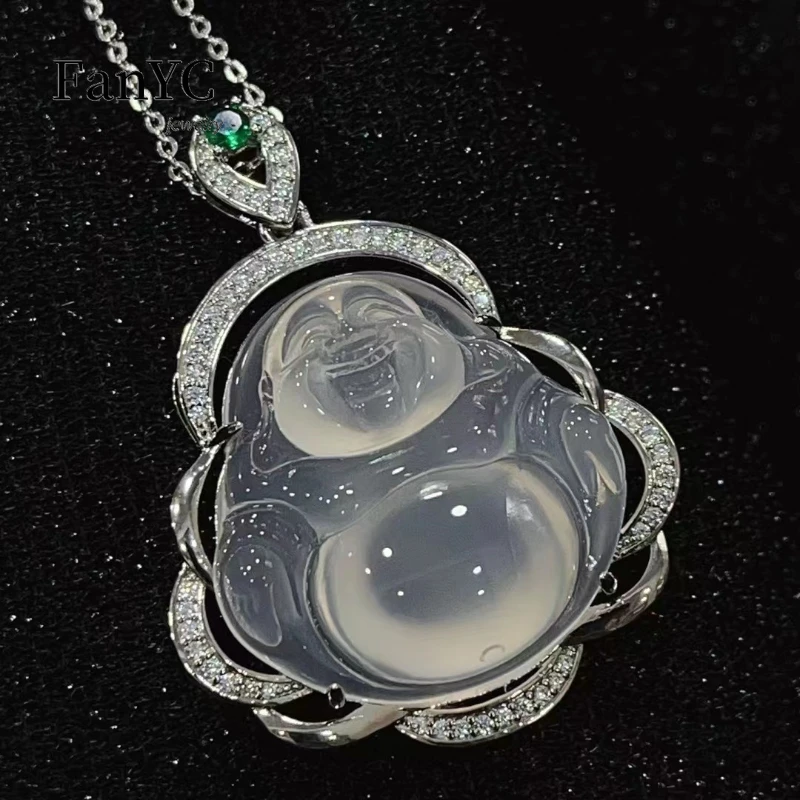 Natural High Ice White Agate Buddha Gong Pendant 925 Silver Inlaid White Moonlight Jade Necklace Exquisite Fashion Ladies Gift