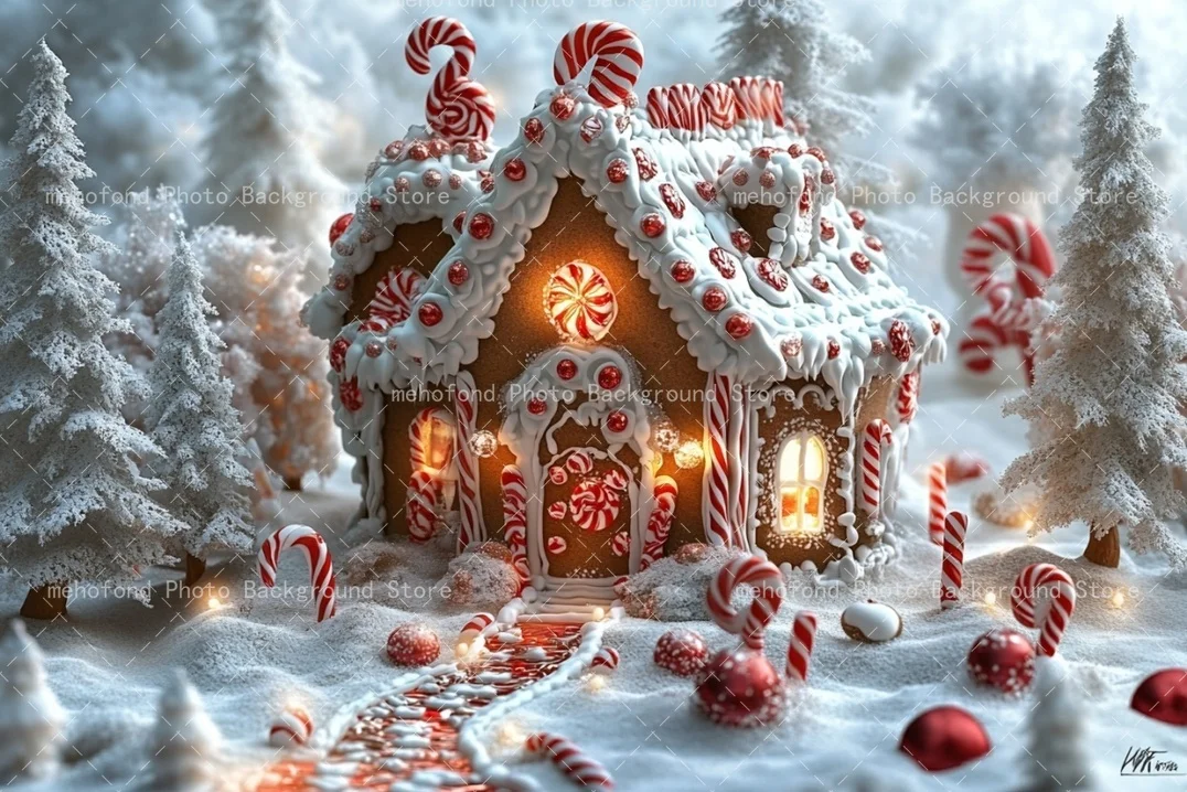 Fondo de fotografía Mehofond casa de jengibre de Navidad bastón de azúcar blanco caramelo rojo niños retrato familiar telón de fondo Decoración