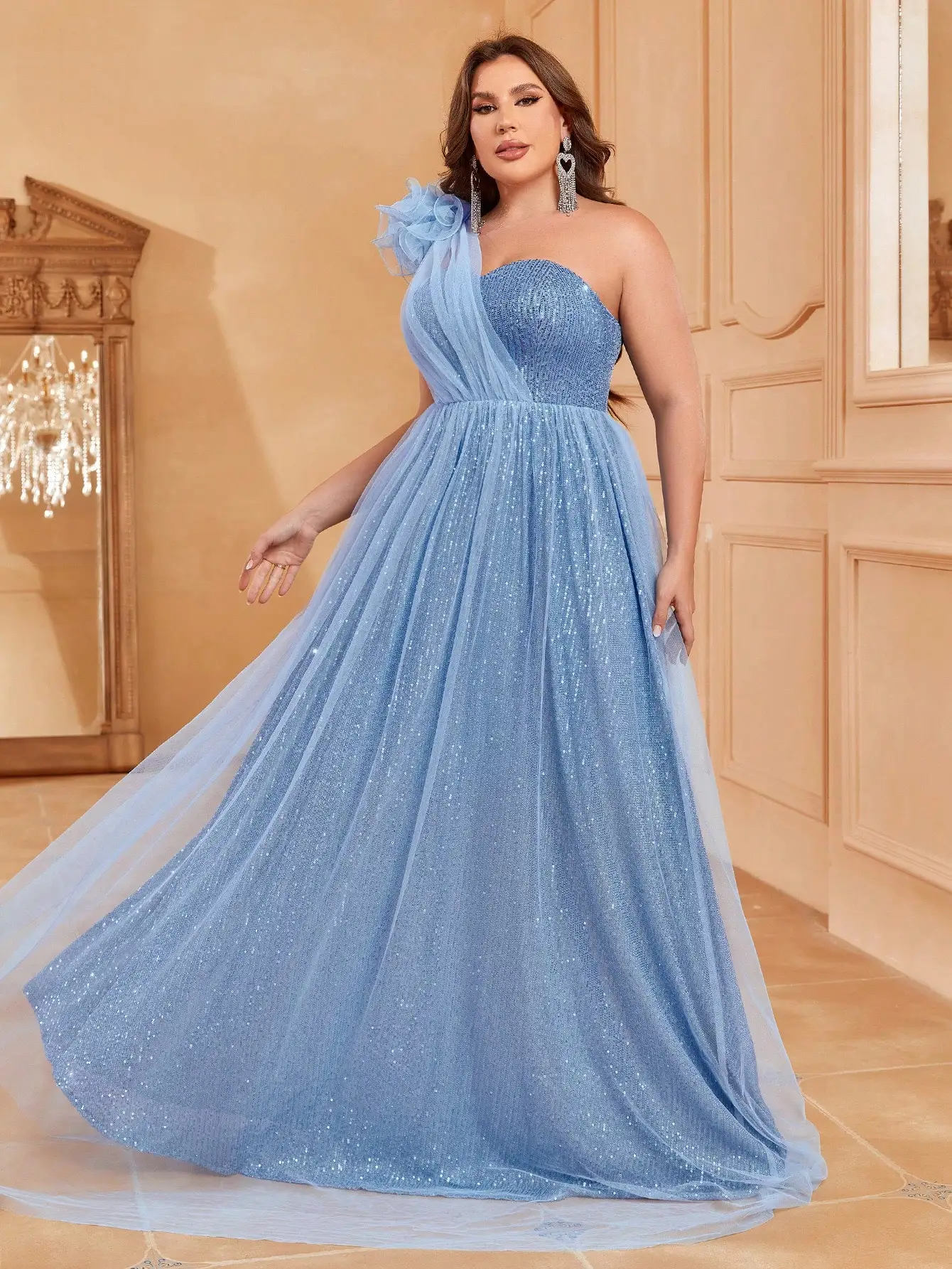 Plus One Shoulder Stereo Flower Mesh Overlay Sequin Formal Dress