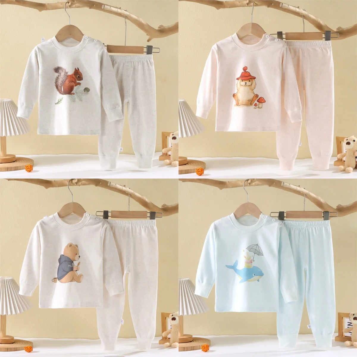 

Kids Cartoon Animal Pajama Set Toddler Boys Girls Long Sleeve Cotton Sleepwear Children's Squirrel/Bear/Whale Homewear Outfit