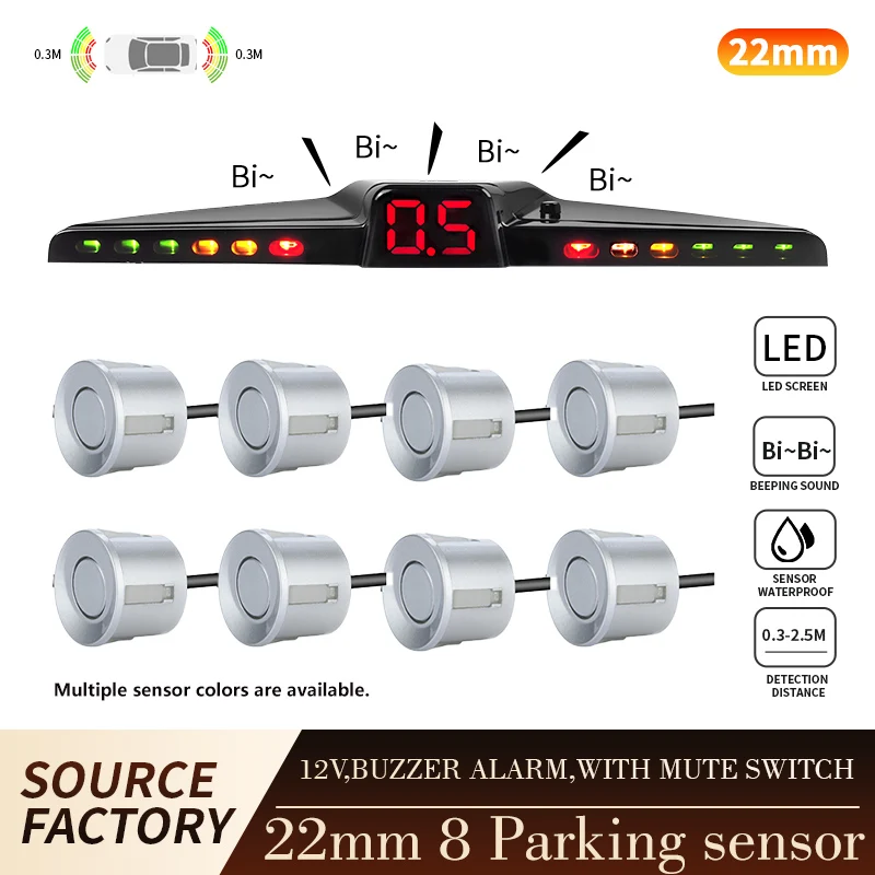 Flush Mount 8 Sensor Parking System 4 Front 4 Rear 22mm Waterproof Reverse Backup Radar with LCD Display 12V for Universal Vehic