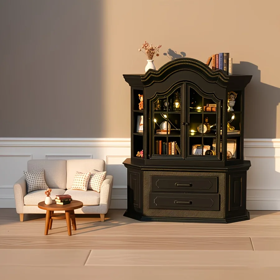 3D Printed Popular Dollhouse Miniature Ornament, Double-door Retro Cabinet Bookcase