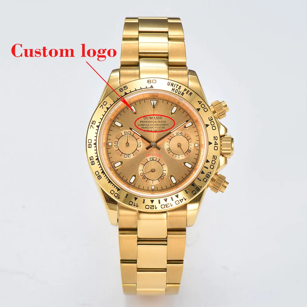 39mm VK63 Automatic Watch for Men 316L Stainless Steel Sapphire Glass 10bar Waterproof Watch Green luminous dial Rose gold gold