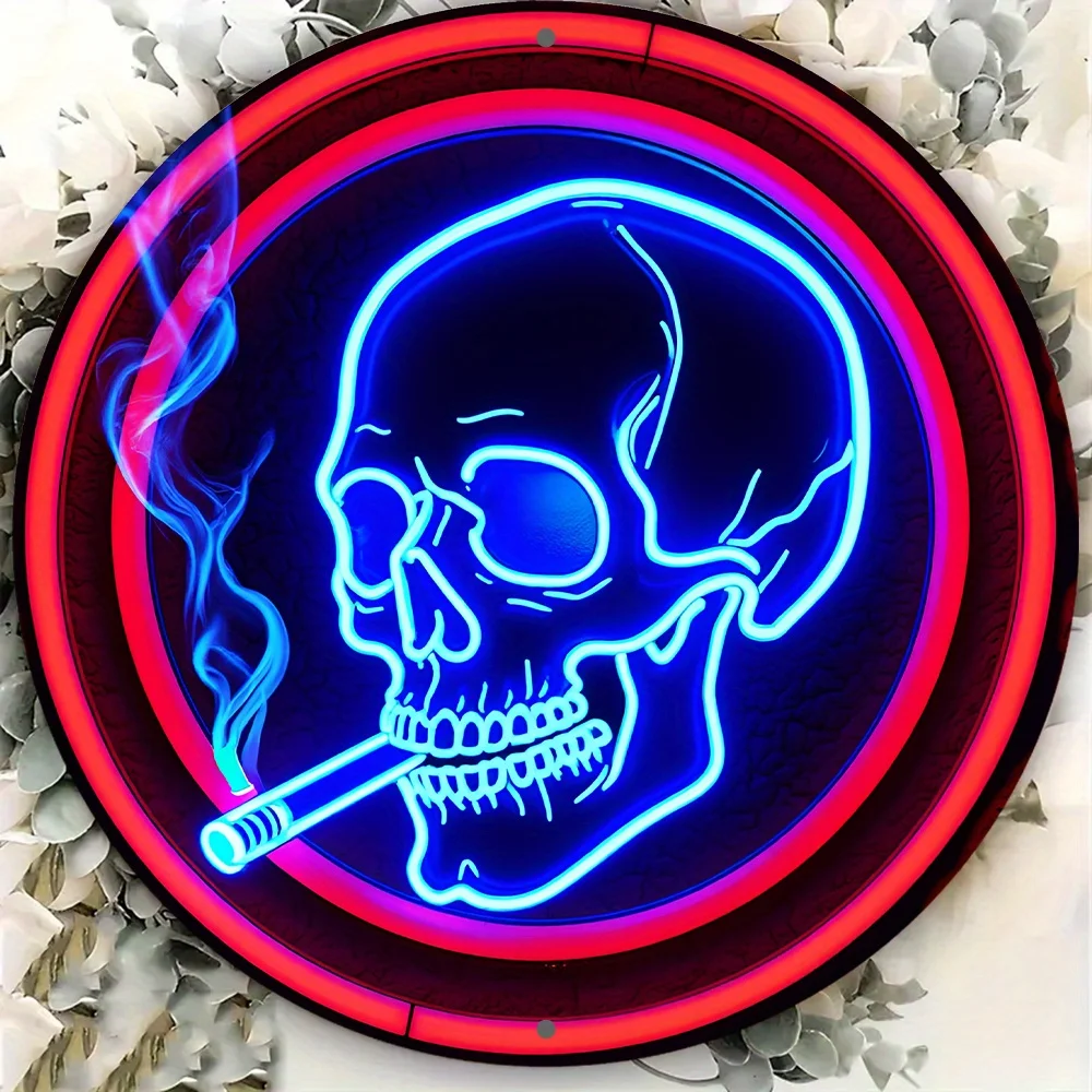 2D Flat - 1pc 2D Flat Metal Iron Sign | 8.0inch Round Skull with Cigarette and Wreath Emblem - Vibrant Blue & Red Wall Art for H