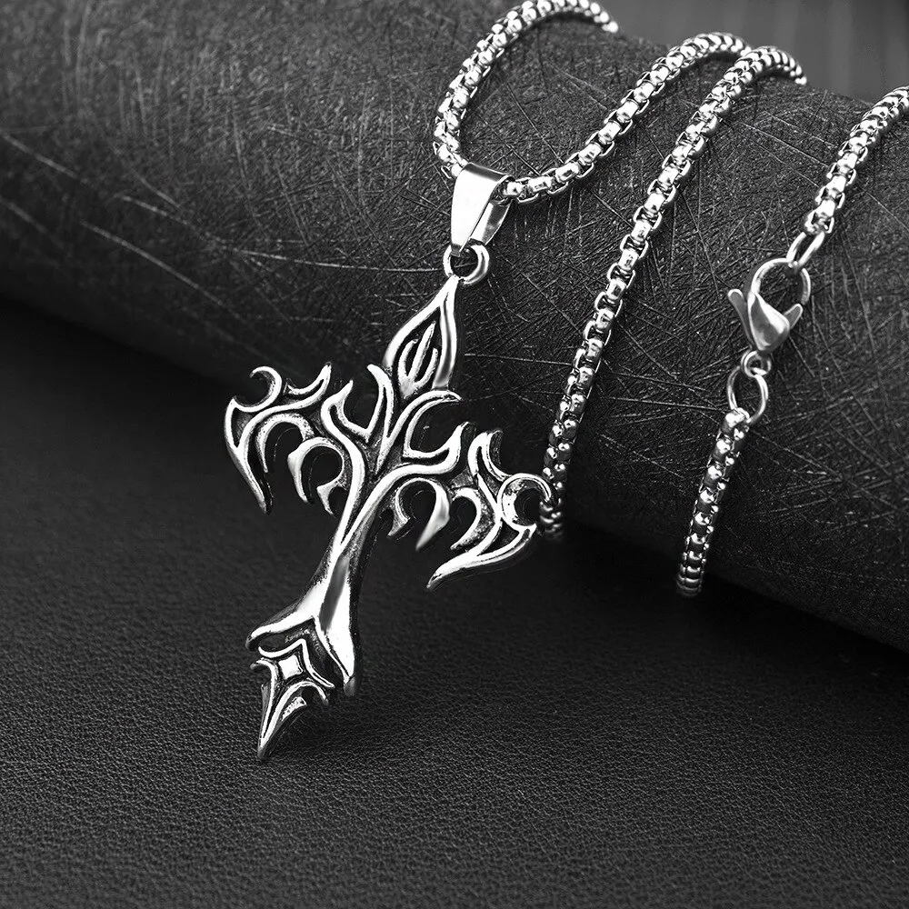Stainless Steel Necklace Flame Retro Cross Titanium Steel Casting Men Pendant Necklace Type image 3