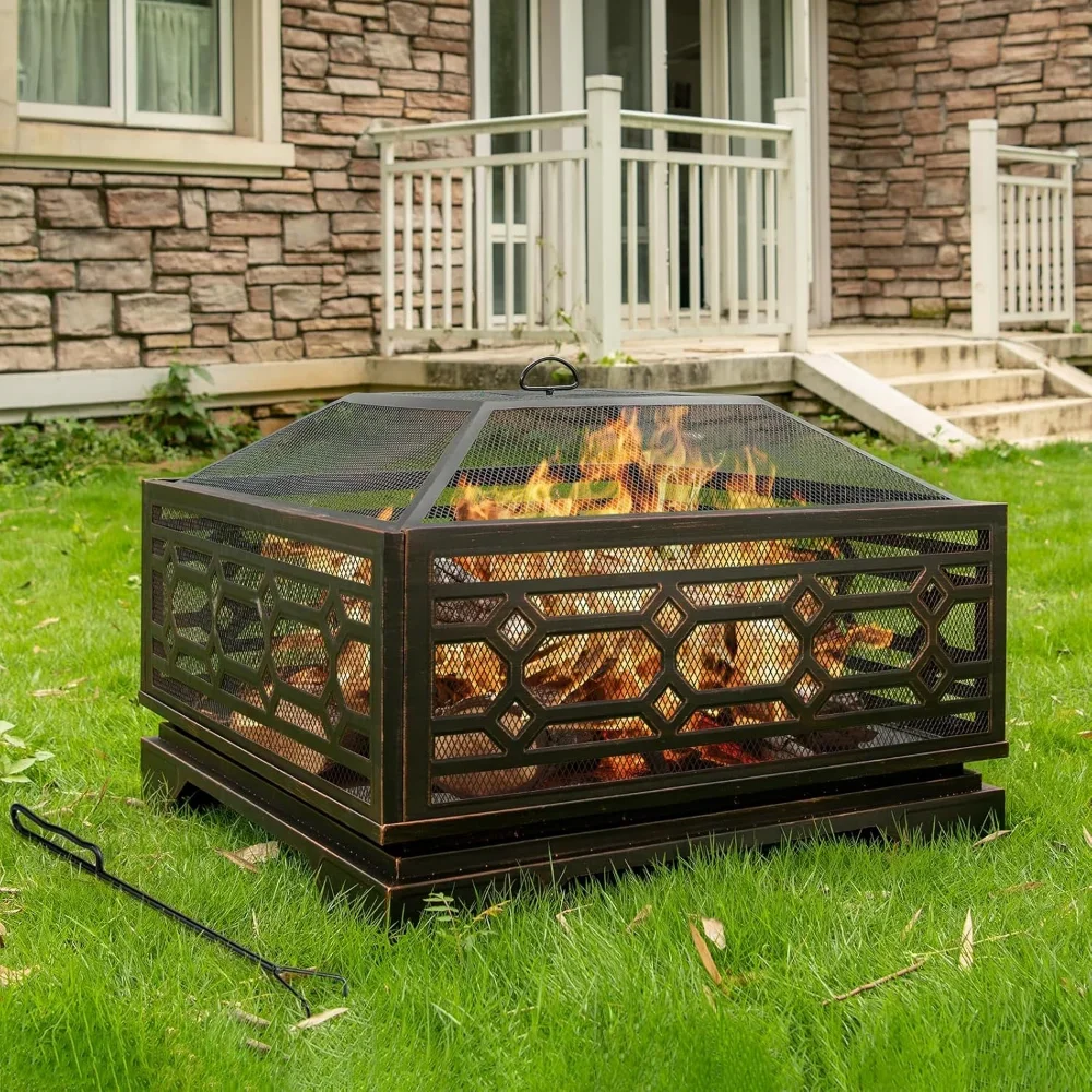 

"32" Outdoor Fire Pit - Extra Deep Square Wood Burning Fireplace w/ Mesh Cover & Poker, Large Metal Firepit for Outside"​