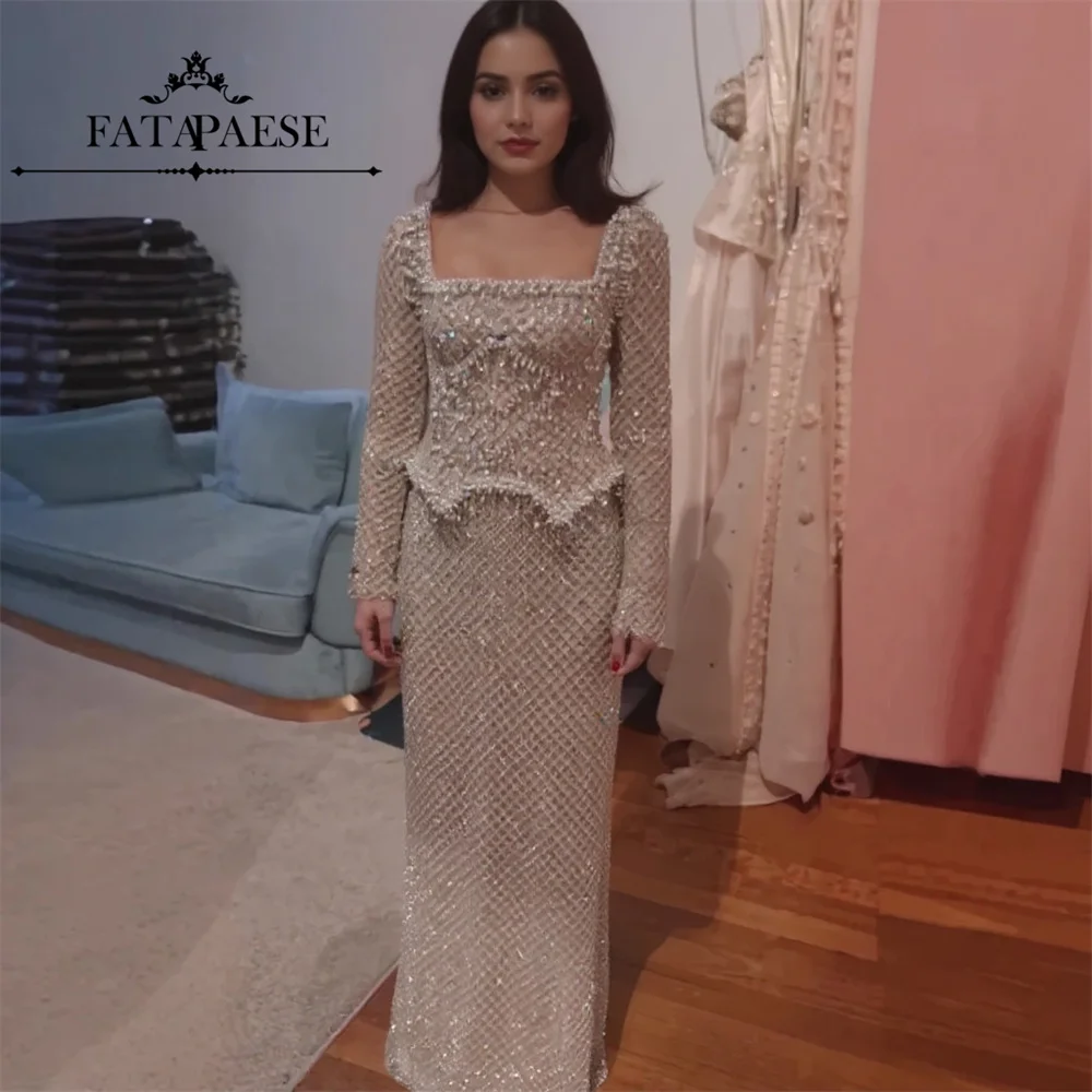 

FATAPAESE Haute Couture 2 in 1 Prom Dresses Long Sleeve Luxury Crystal Pearls Mermaid Evening Dresses for Engagement Party