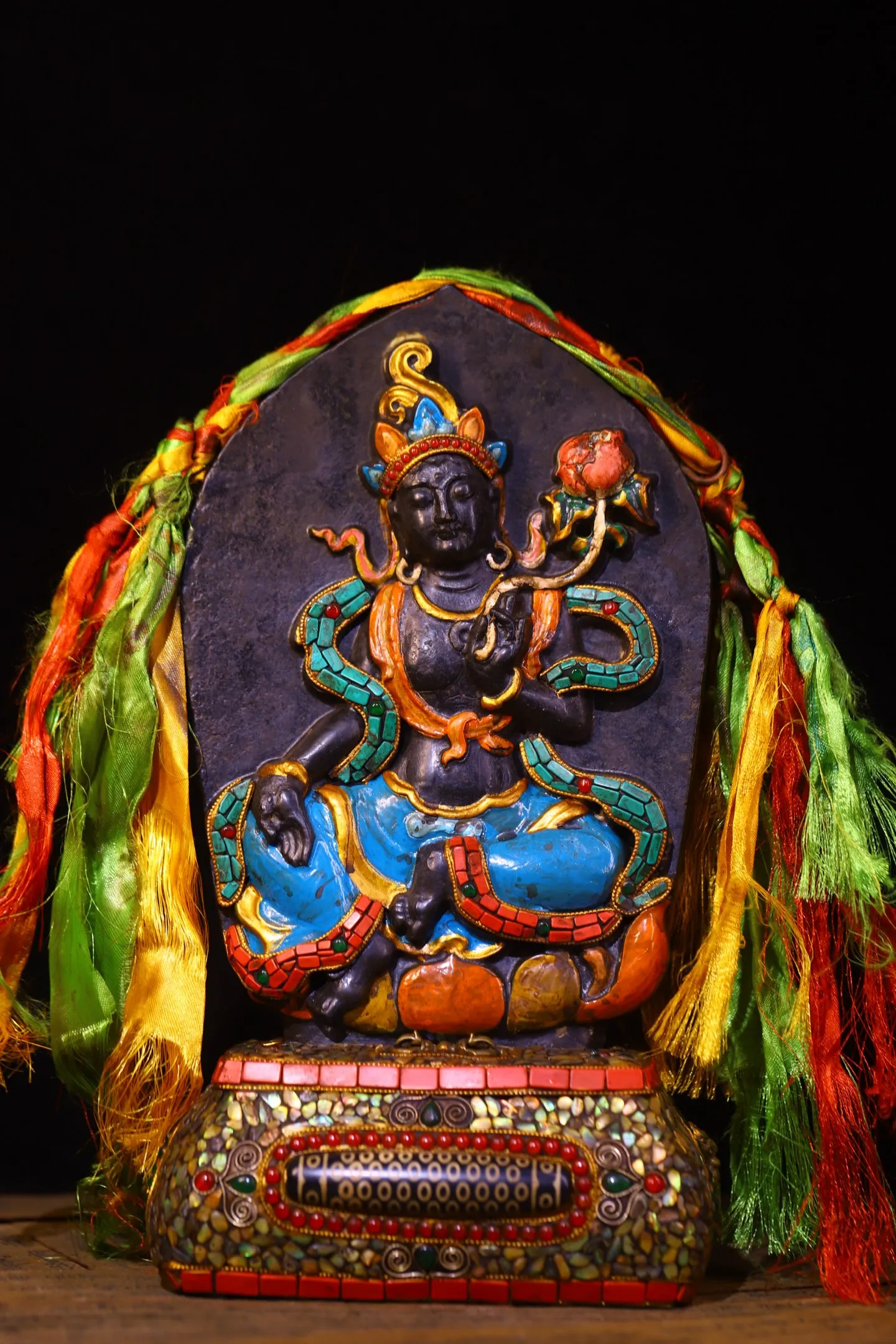 Natural Meteorite Painted Mosaic Gem gZi Beads Turquoise Green Tara Buddha  Buddha Plaque Buddhist NicheWorship Hall