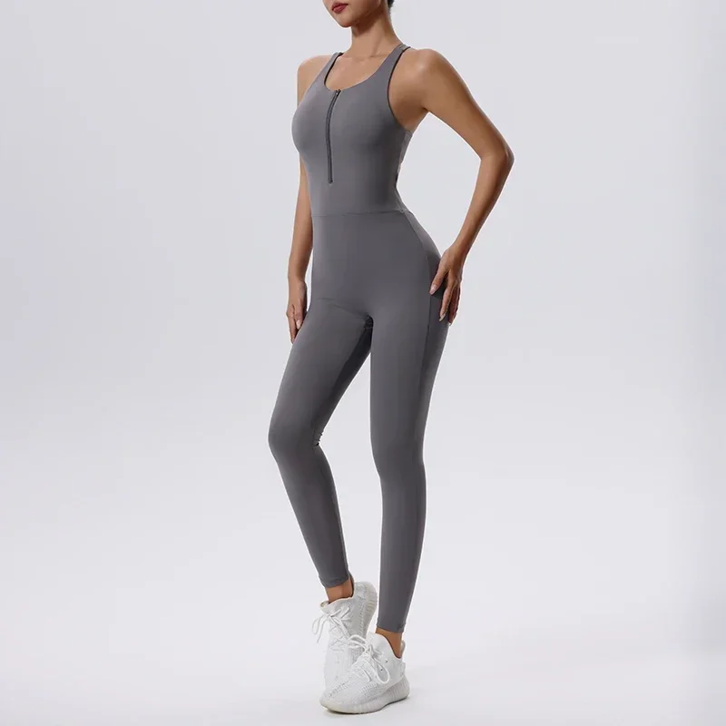 Sleeveless Yoga Jumpsuit Women High Impact Push Up One-Piece Sports Bodysuits Half Zipper Fitness Sports Playsuit Slim Jumpsuit