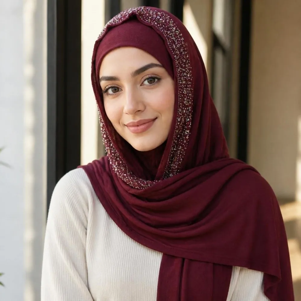 Fashion Rhinestone Decor Instant Hijab Cap Soft Elastic Stretchable Pull on Hijab Lightweight Easy Wear Head Wrap Hat Office
