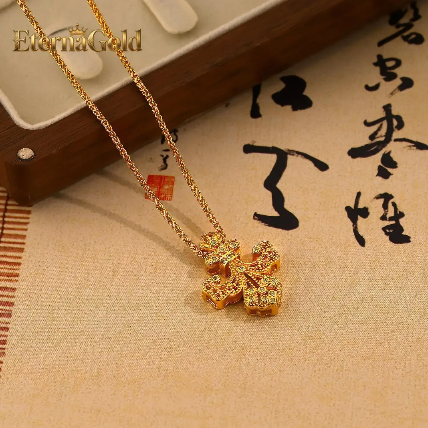 

EternaGold Light luxury 24K real gold Point diamond iris pendant necklace Fashion 999 pure gold high touch everything cross col