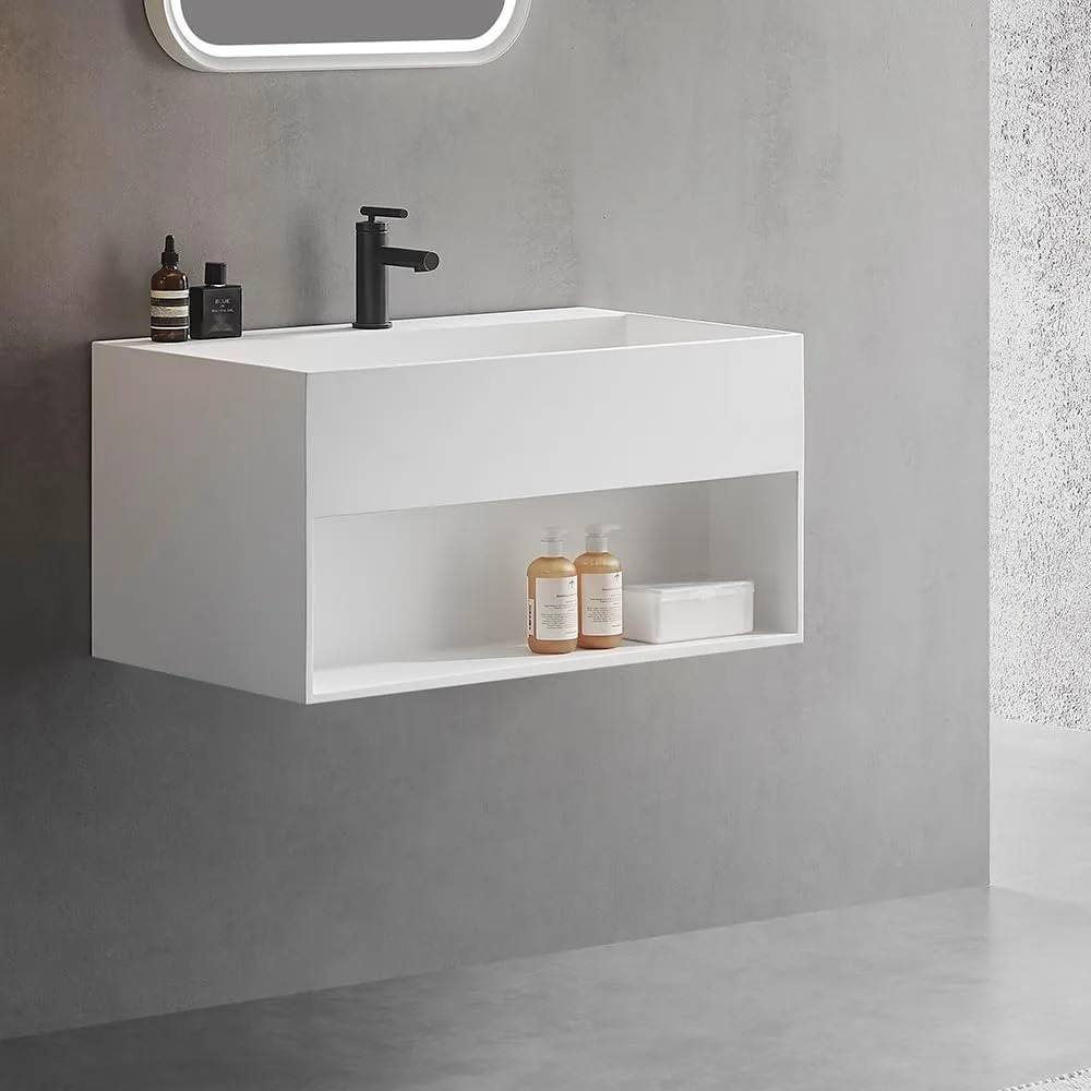 

Wall-mount Bathroom Sink, Floating Vanity, 32" with Large Built-in Storage Space in Matte White,Artificial Stone Material