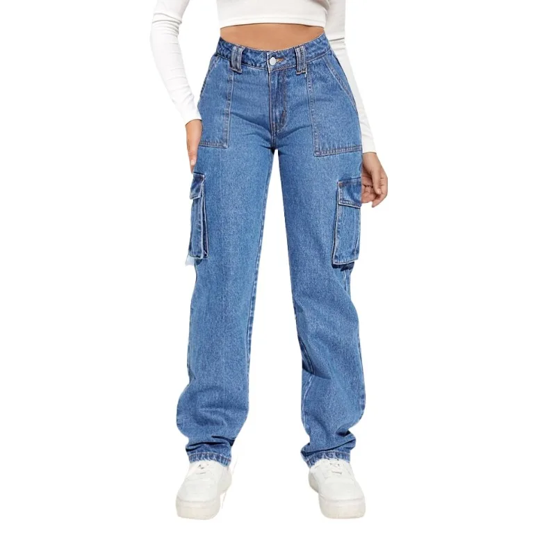 Grote Damesjeans Amerikaanse Retro Mid-Taille Tooling Jeans Met Meerdere Zakjes Dames Casual Rechte Broek S-2XL