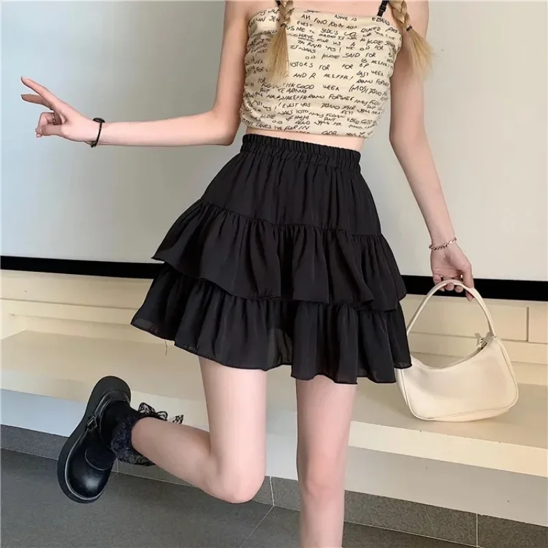 Sweet Cake A-line Skirt Black Women Cute Pleated Puffy Skirt Elastic Waist Preppy Style Solid Color Casual Korean Fashion Casual