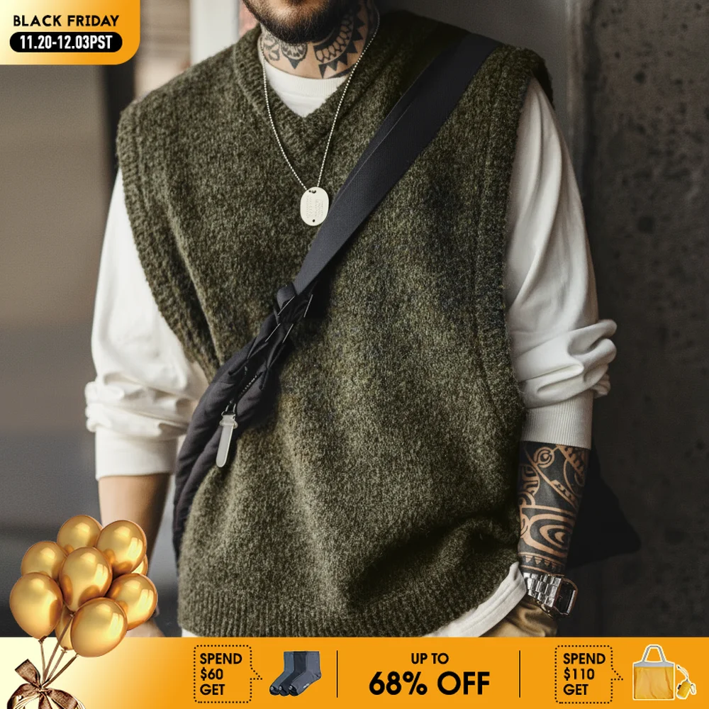 

Вязаный жилет Maden в стиле ретро с v-образным вырезом для многослойного однотонного пуловера, теплый жилет без рукавов для мужчин, осенние и зимние вязаные топы