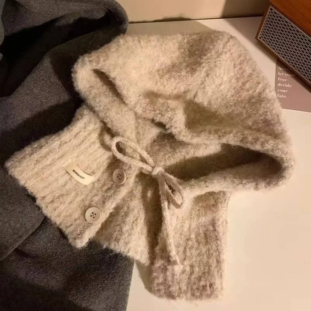 Fashion Thicken Knitted Balaclava Drawstring Soft Hooded Scarf Cap Warm Windproof Coldproof Neckerchief Hat Women Girl