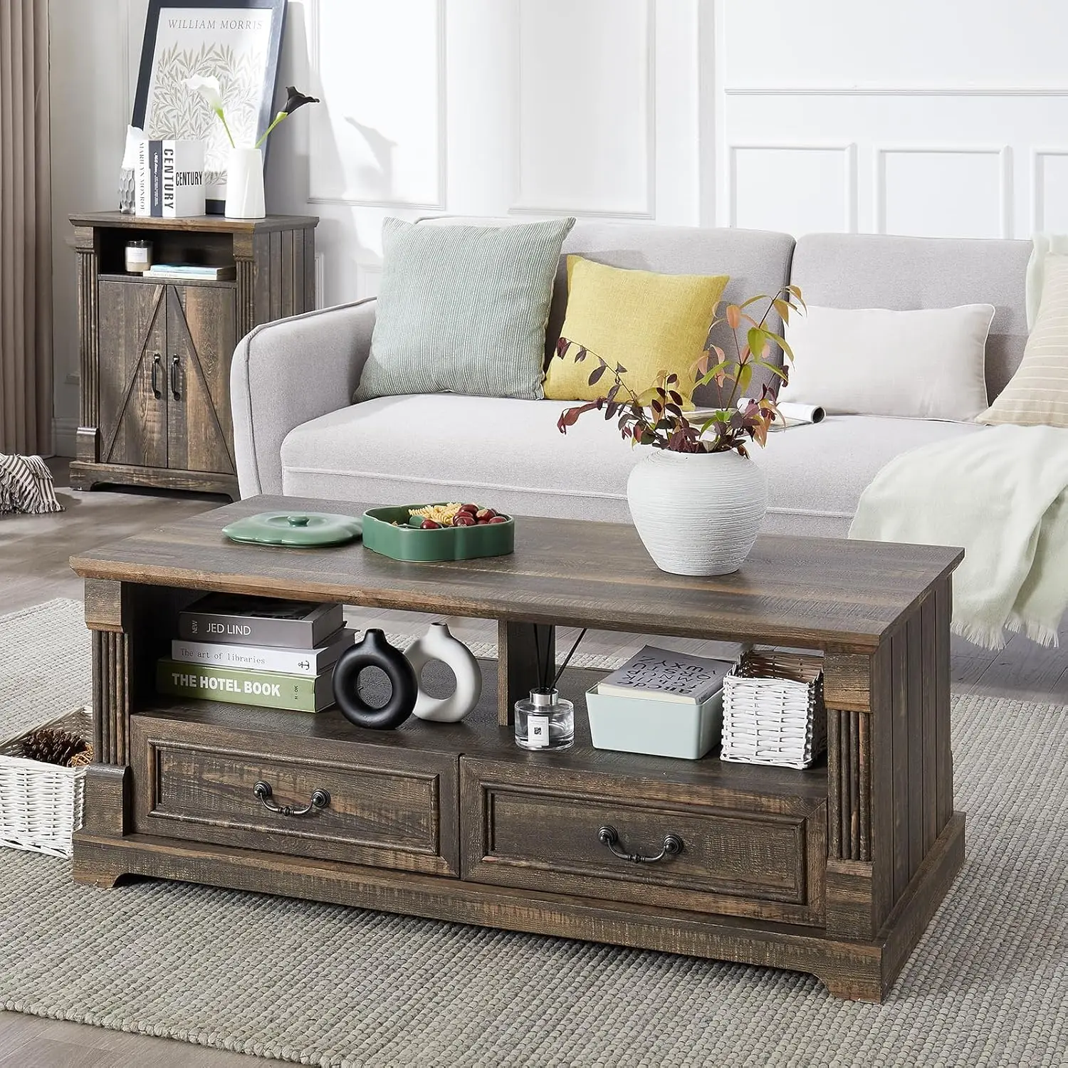 48'' Wood Coffee Table For Living Room, Farmhouse Coffee Table With Storage, Rustic Center Table For Living Room With 4