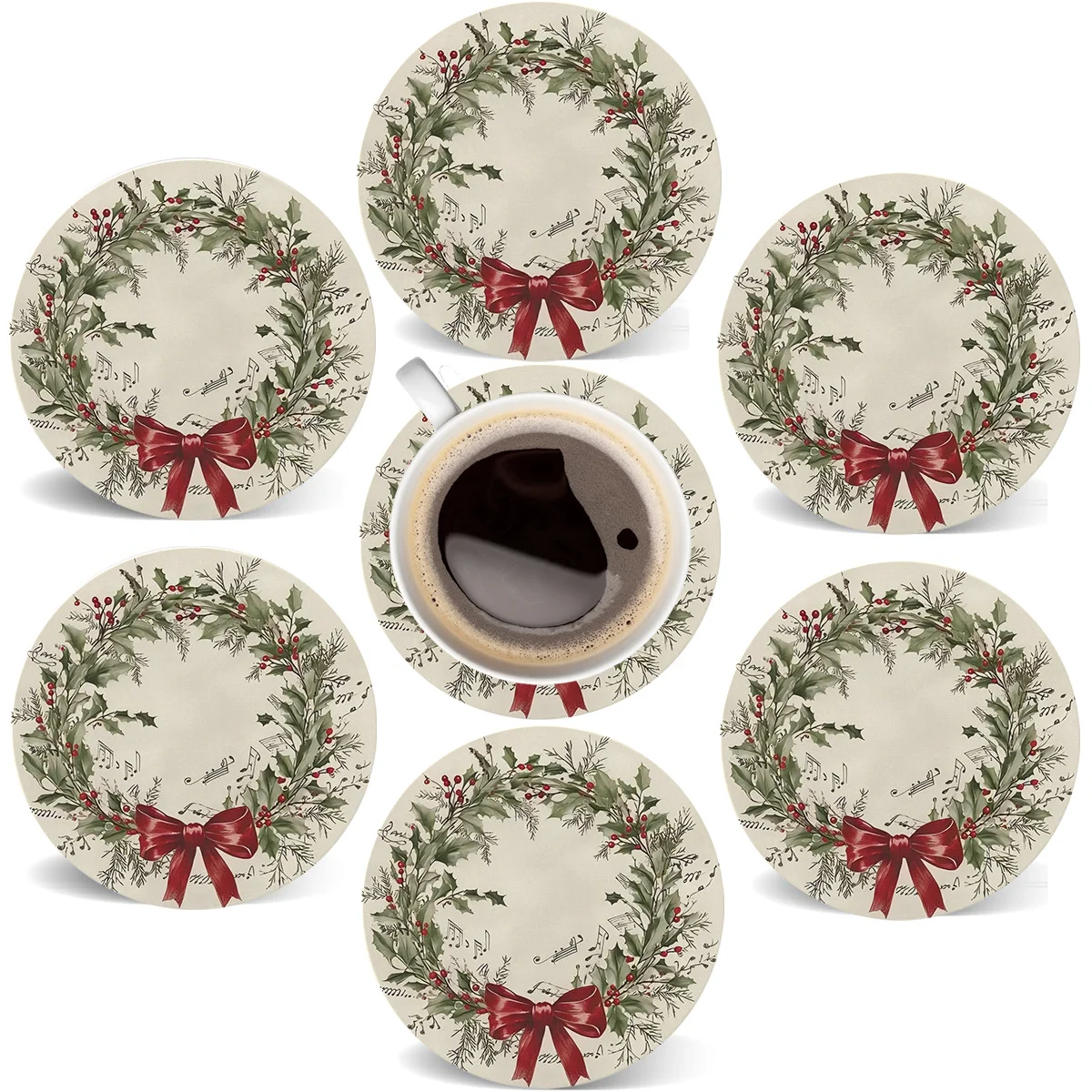 Christmas Wreath Pattern Wooden Coasters 2D Coffee Shop Office Home Decor Christmas New Year Party Holiday Seasonal Decor