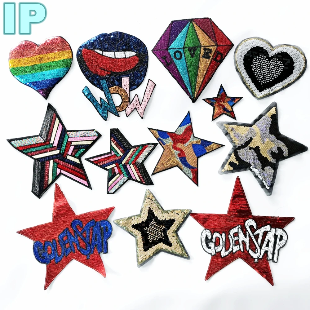 Embroidery Sequined Star Patch,sew on Sequins Rainbow Stars Badges,heart Patches for Clothing,appliques DIy Accessory WF228738