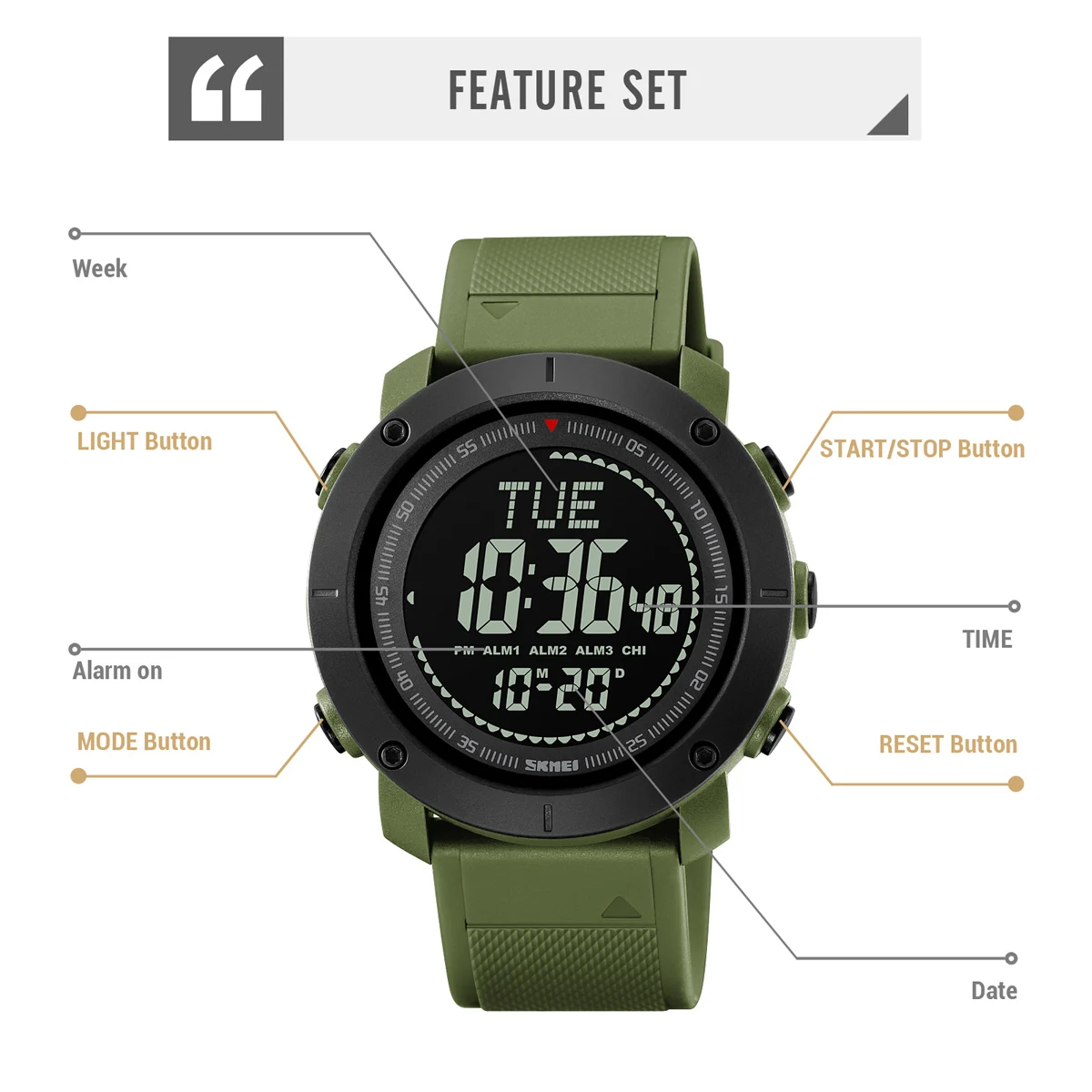 SKMEI Watches Back Light 5Bar Waterproof Compass Stopwatch Wristwatch Digital Countdown Outdoor Sport For Men Reloj Hombre