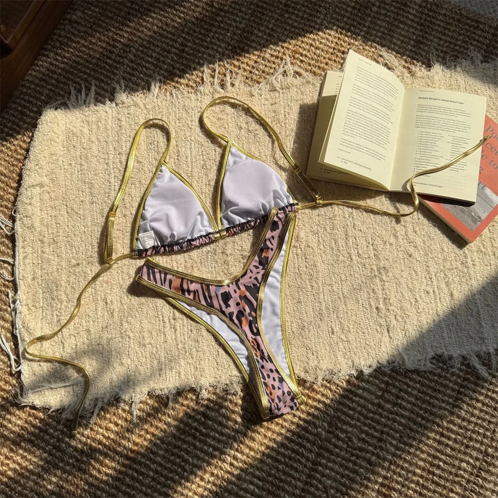 الذهب سلسلة بيكيني ليوبارد ملابس السباحة عارية الذراعين حبال عطلة ملابس النساء الاستحمام لباس سباحة الشاطئ القوطية الزي البيكينيات مجموعة