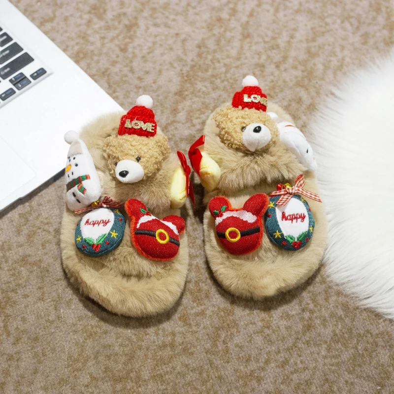 

Kid Christmas Furry Indoor Slippers 2023 Winter Cartoon Bear Doll Children's Fashion Fluffy Shoes Girls Cotton Slippers Non-slip