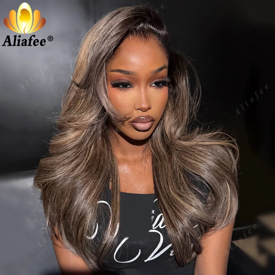 Dunkelbraune Balayage-Perücke mit Aschblonden Highlights, 13x6 Transparente Lace Front Echthaar-Perücke, Weiche Body Wave Frisur