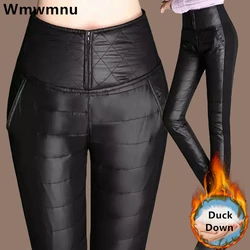 Zimowe grube Spodnie ołówkowe damskie na co dzień kaczka w dół ciepłe pantalony smukłe z wysokim stanem wiatroszczelne Spodnie legginsy nowa mama Spodnie