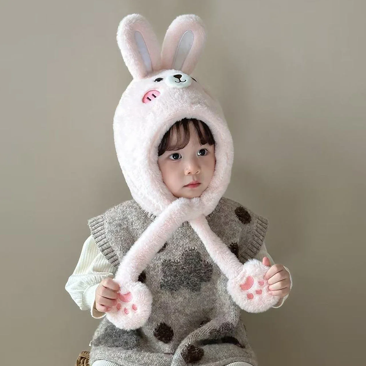 

Cute Rabbit Baby Hat Winter WarmThicken Soft Fluffy Fur Cap for Kids Cartoon Ear Protection Beanie Hats