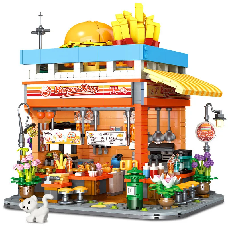 

Creative City Street View Building Block Burger Shop Restaurant Construction Brick Snack Bar Toy Collection For Kids GIfts