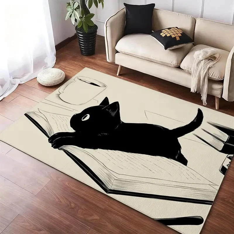 VIKAMA Cute Hand Drawn Black Cat Book Print Doormat Non-Slip Absorbent Washable Floor Mat for Bathroom Entryway Cat Lovers