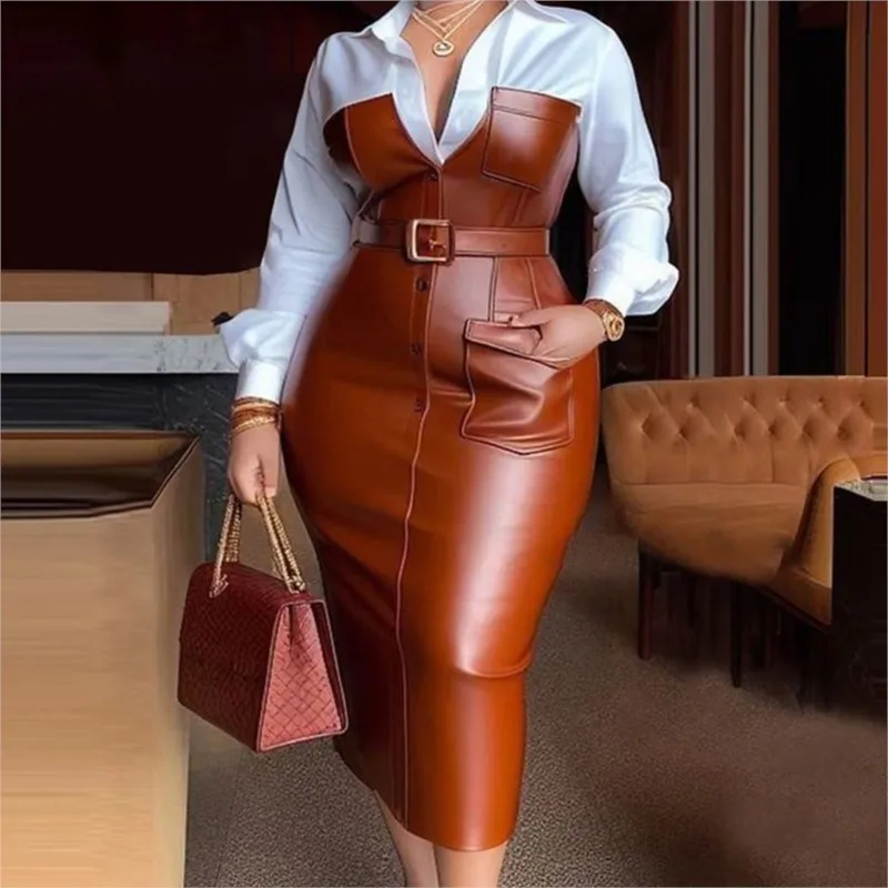 

Womens Shirt Collar Midi Dresses New Autumn Buttons Long Sleeve PU Leather Patchwork Pocket Skinny Belted Lapel Female Dress