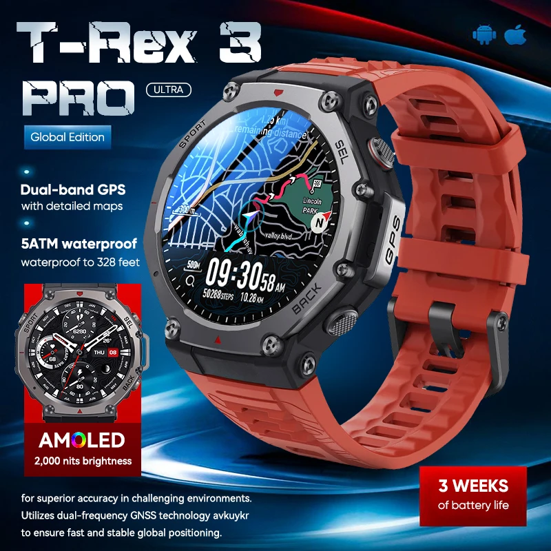 

T-Rex 3 Pro GPS Smart Watch 5ATM&IP69K Waterproof Clock Compass Altimeter Military Smartwatch Men 21Days Ultra battery Bracelet