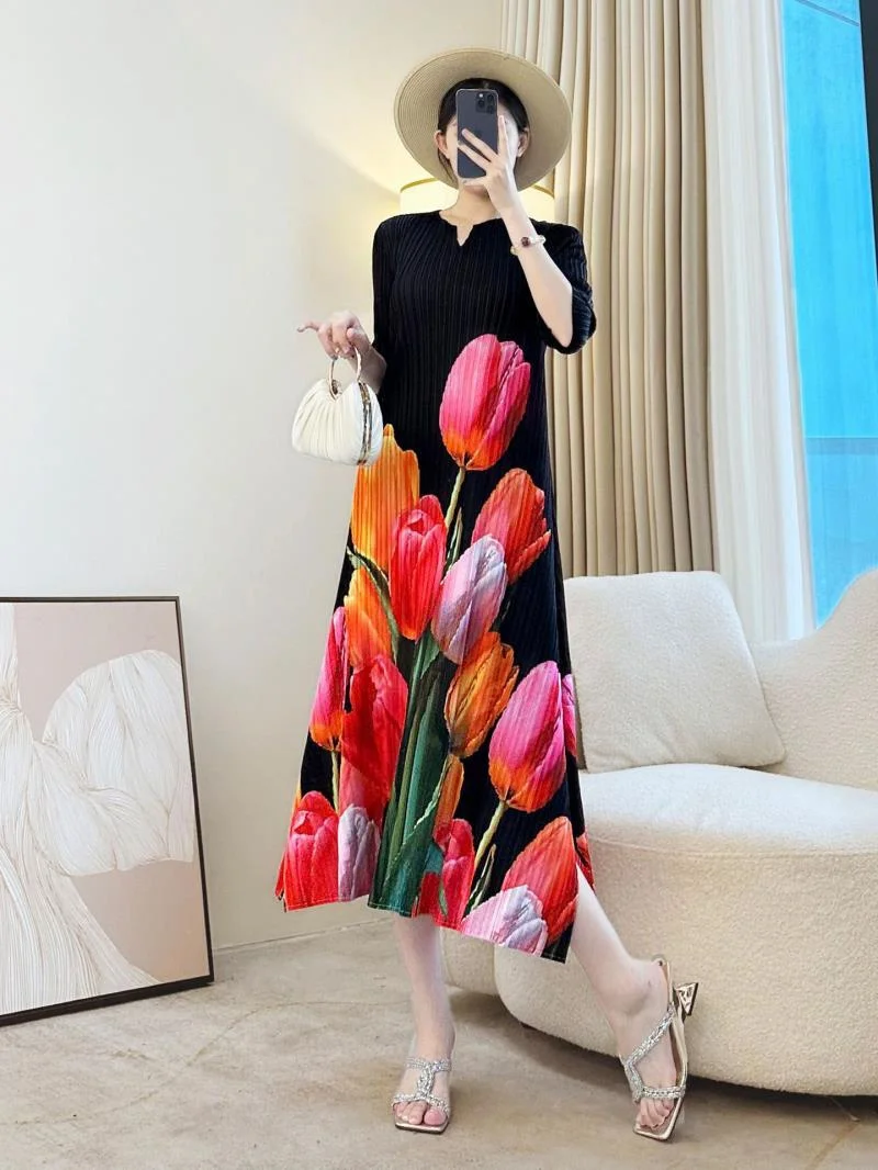 Hochwertige Damenkleider, plissiertes Kleid, Damen-Herbst-Strandrock am Meer, modisches Temperament, bedruckt, Lssey Miyake, langer Rock