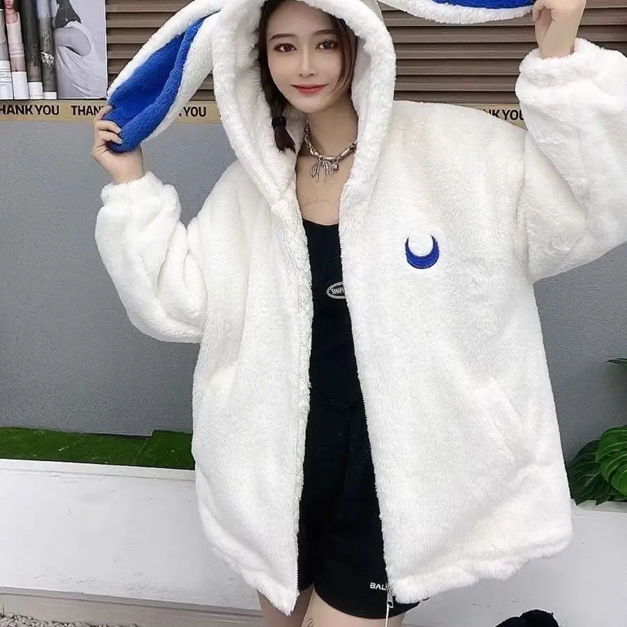 Plush 2023 Autumn Winter New  Collection  with  Thick Cotton  Loose and Fashionable Small Student Cotton  Coat  Blue Ears  Style