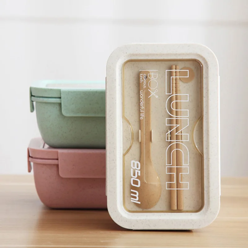 850/1100ml Wheat Straw Bento Box with Tableware Single Layer Compartment Seal Food Container Portable Office Worker Lunch Box