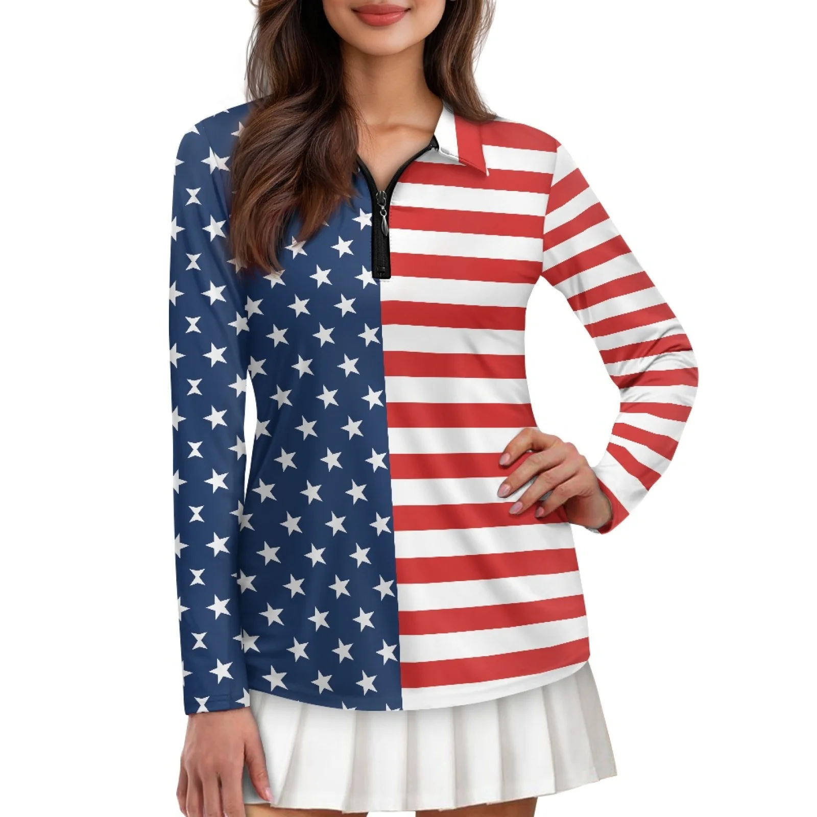 PENSTROLL US Flag Womens Lightweight Golf Shirts Athletic Fit Zip Polo Tennis Top for Running