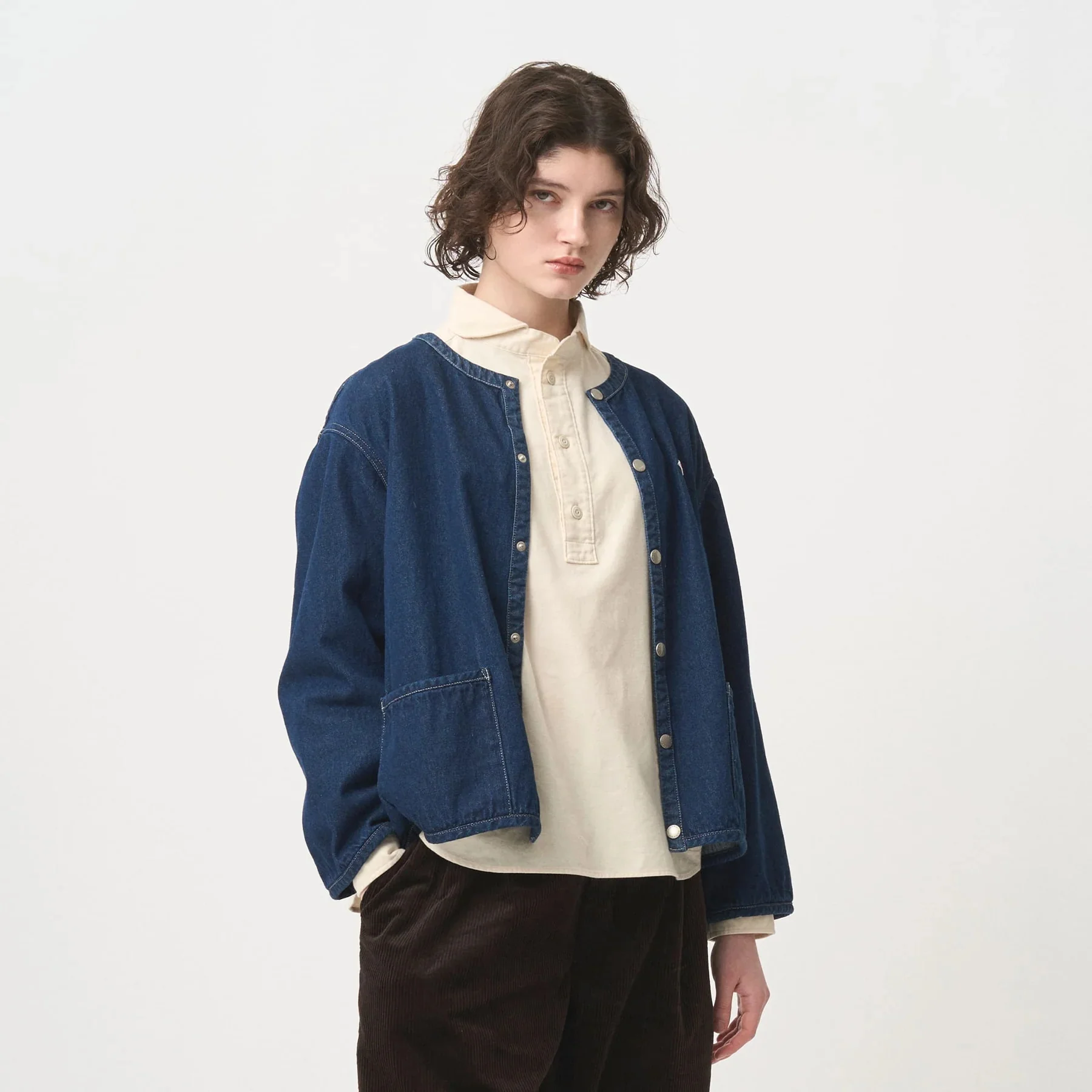 Waed Cotton round Ne Denim ort Jaet Top BOY Collab Vintage Sle Women's Straight Cut Long Sve ort Length Button...