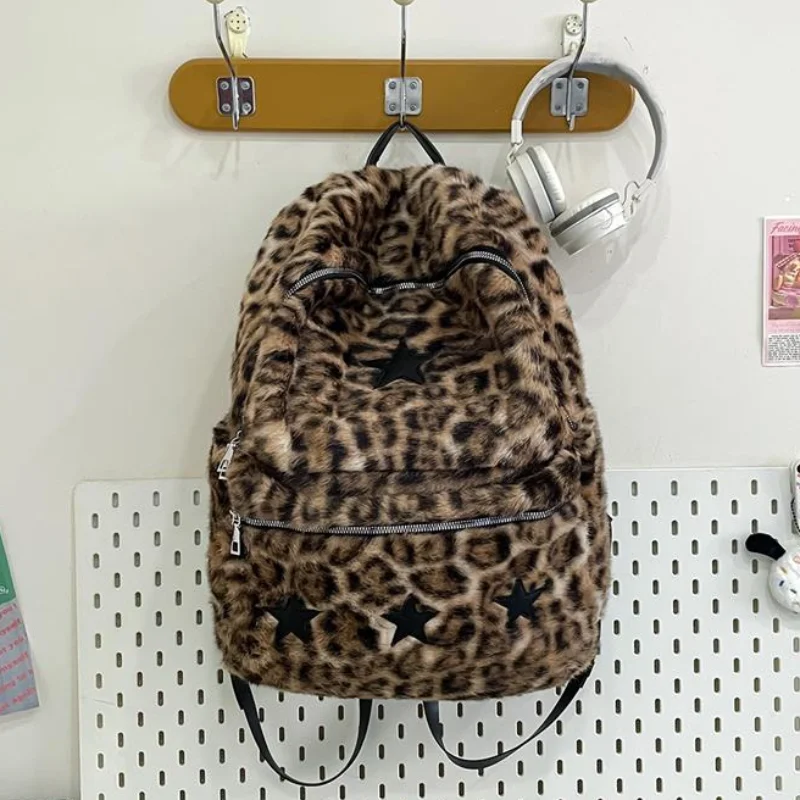 Plush Fluffy Leopard Print Backpack Black Star Decor Large Capacity Zipper DaypacK Y2k StreetStyle Casual Travel School Backpack