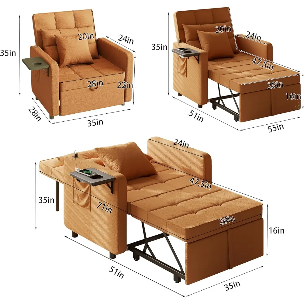 Convertible Sofa Chair Bed with Wing Table, USB Ports, and Two Pillows - 3-in-1 Couch for Futon Sleeper Living Space