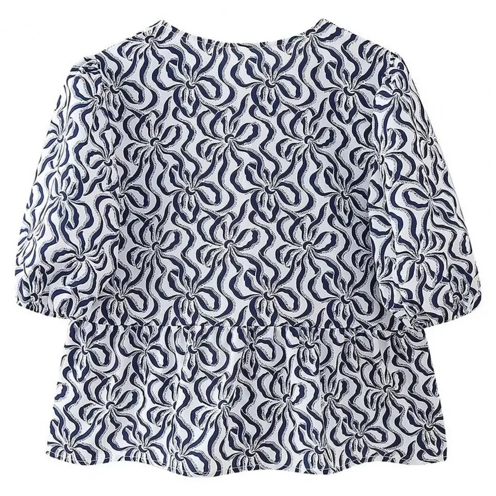 

Round Neck Puff Sleeve Top Striped Print Tie-knot Ruffled Hem Top Puff Sleeve Pleated Blouse Women's Streetwear Fashion Women