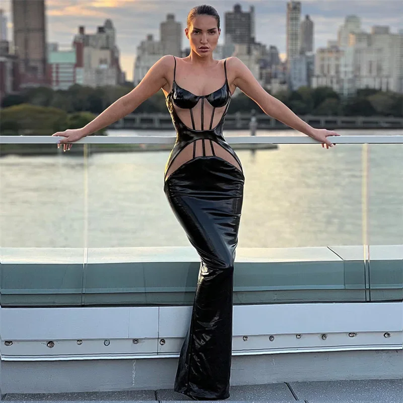 WeiYao Noble Queen-vestido ajustado de corte bajo para mujer, traje Sexy de PU empalmado de encaje transparente, color negro, para fiesta y club nocturno