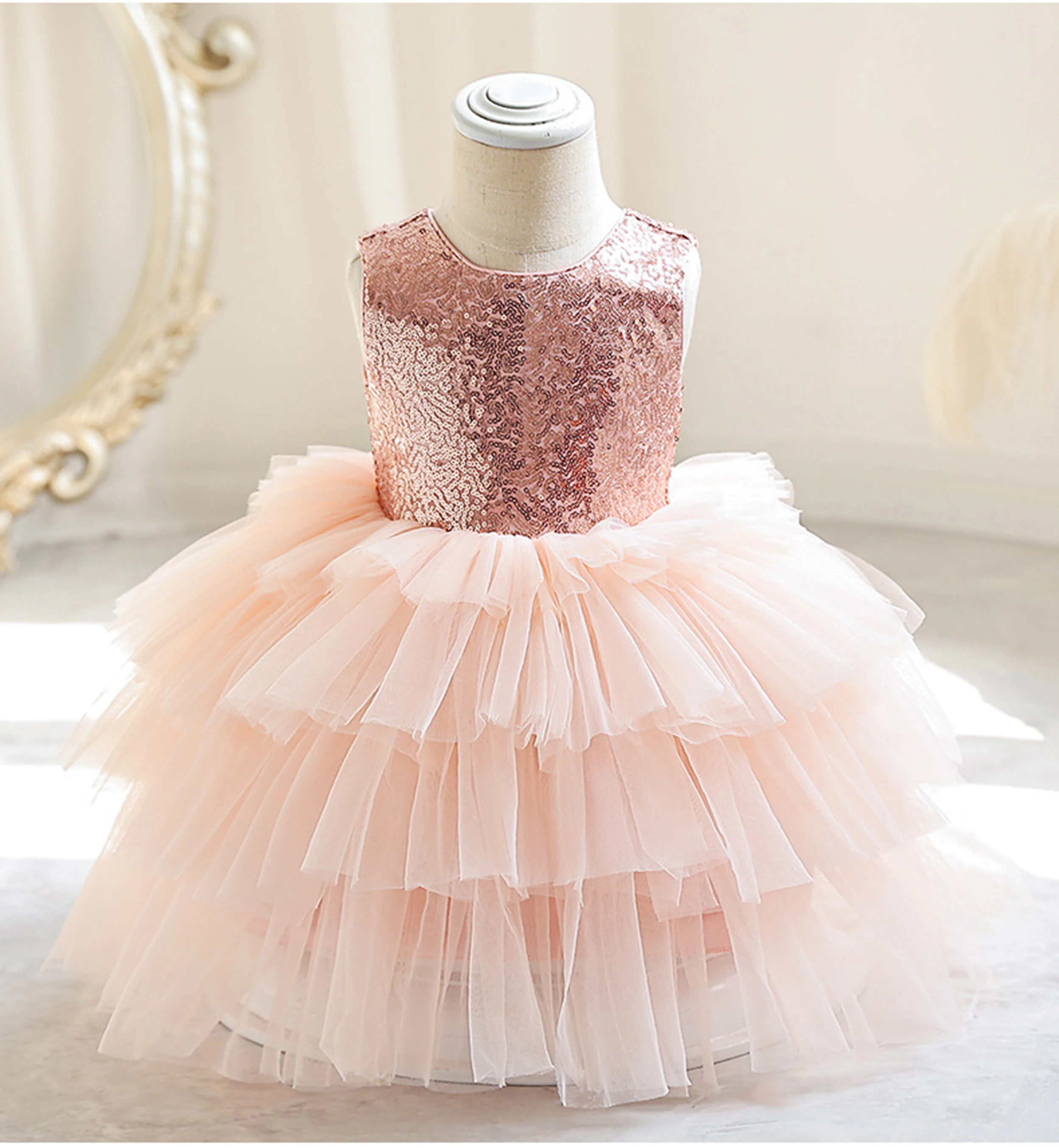 Grace Stylish Little Big Girls V Backless Sequined Flower Girl Birthday Party Layered Ruffled Cupcake Tutu Dress