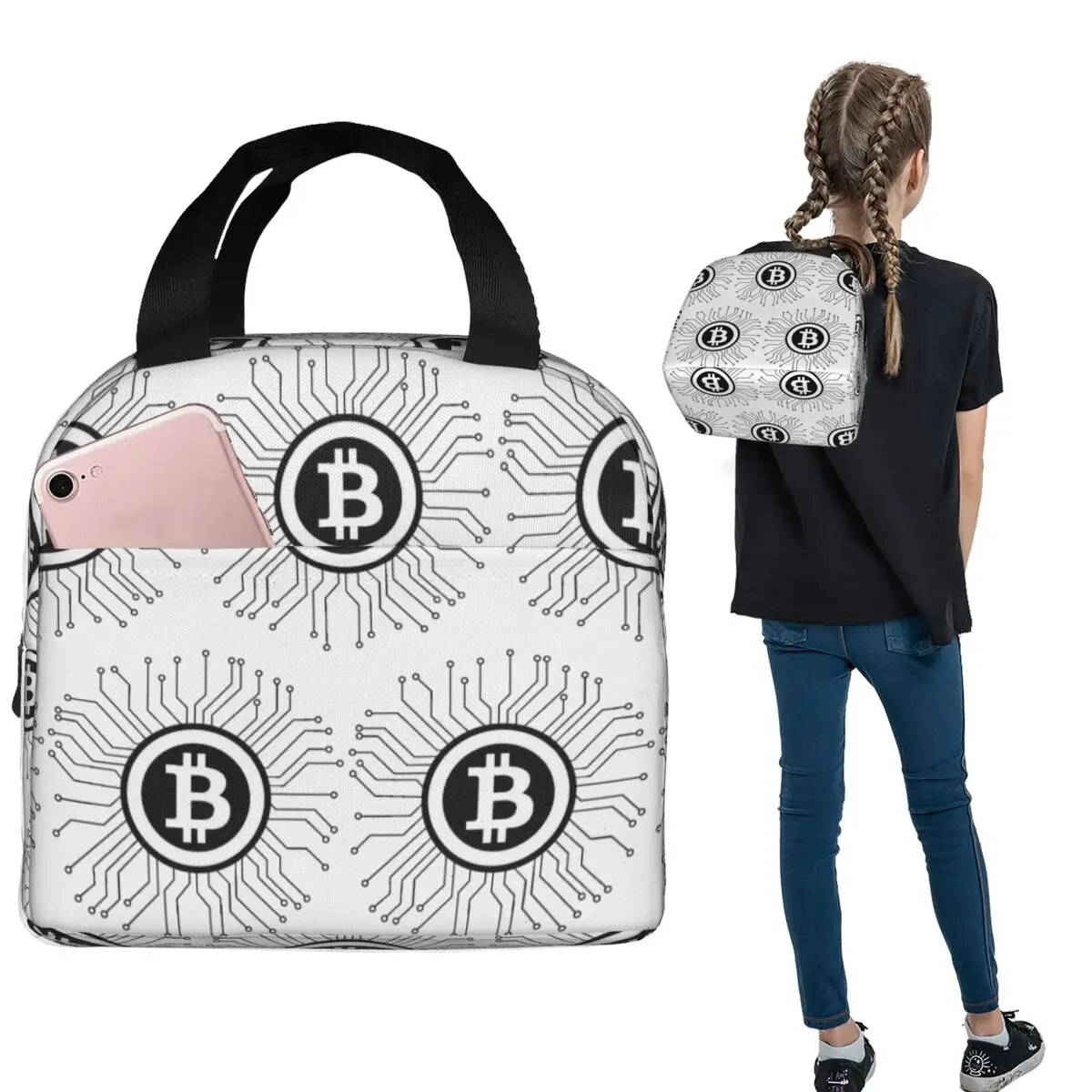 

Изолированная сумка для обеда с изображением криптовалюты Bitcoin BTC для женщин и детей, портативные коробки для еды, термосумка для обеда