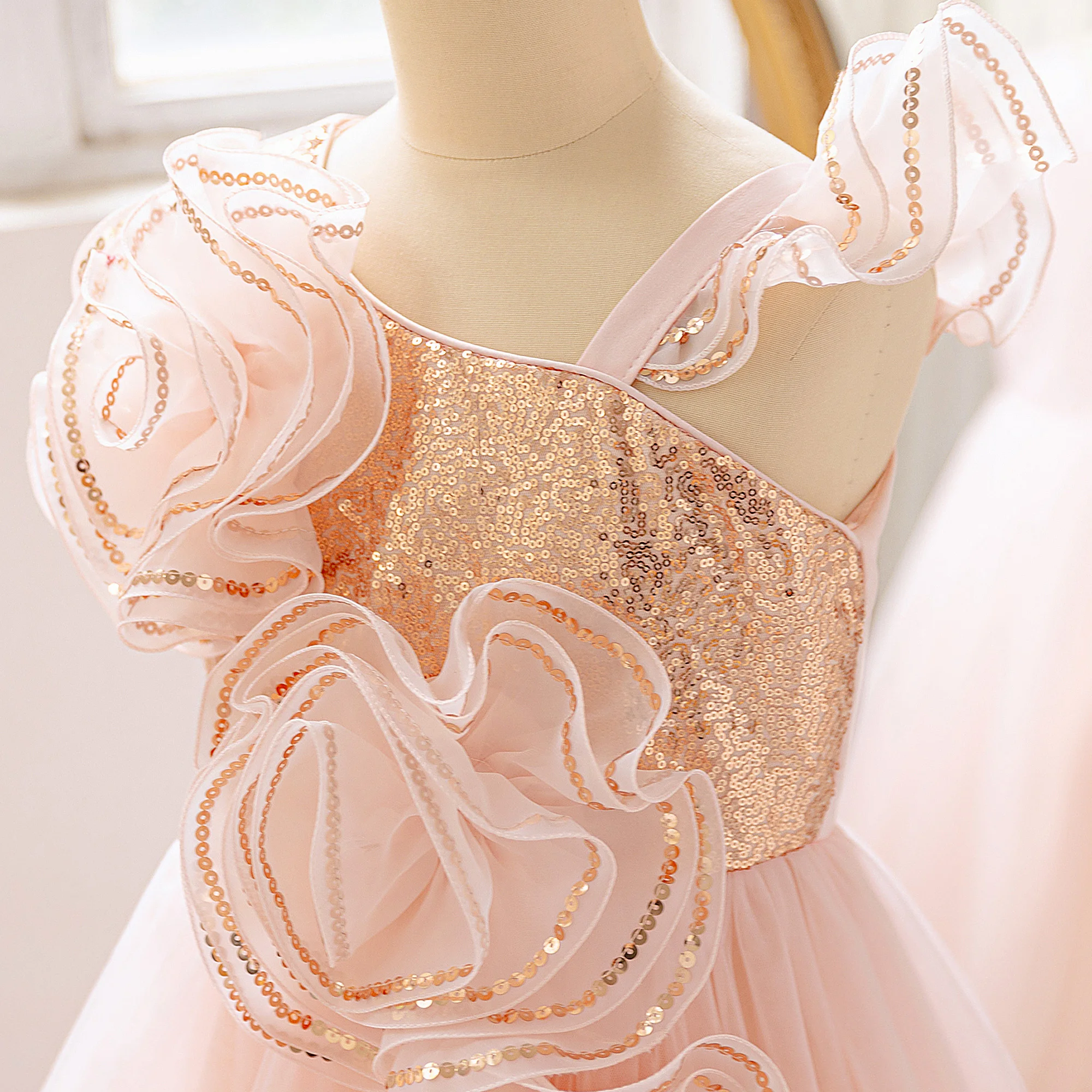 Elegant Sequin Flower Bridesmaids Girls Dress Bow Wedding Party Princess Prom Dresses for Girl Birthday First Communion Costumes view 5