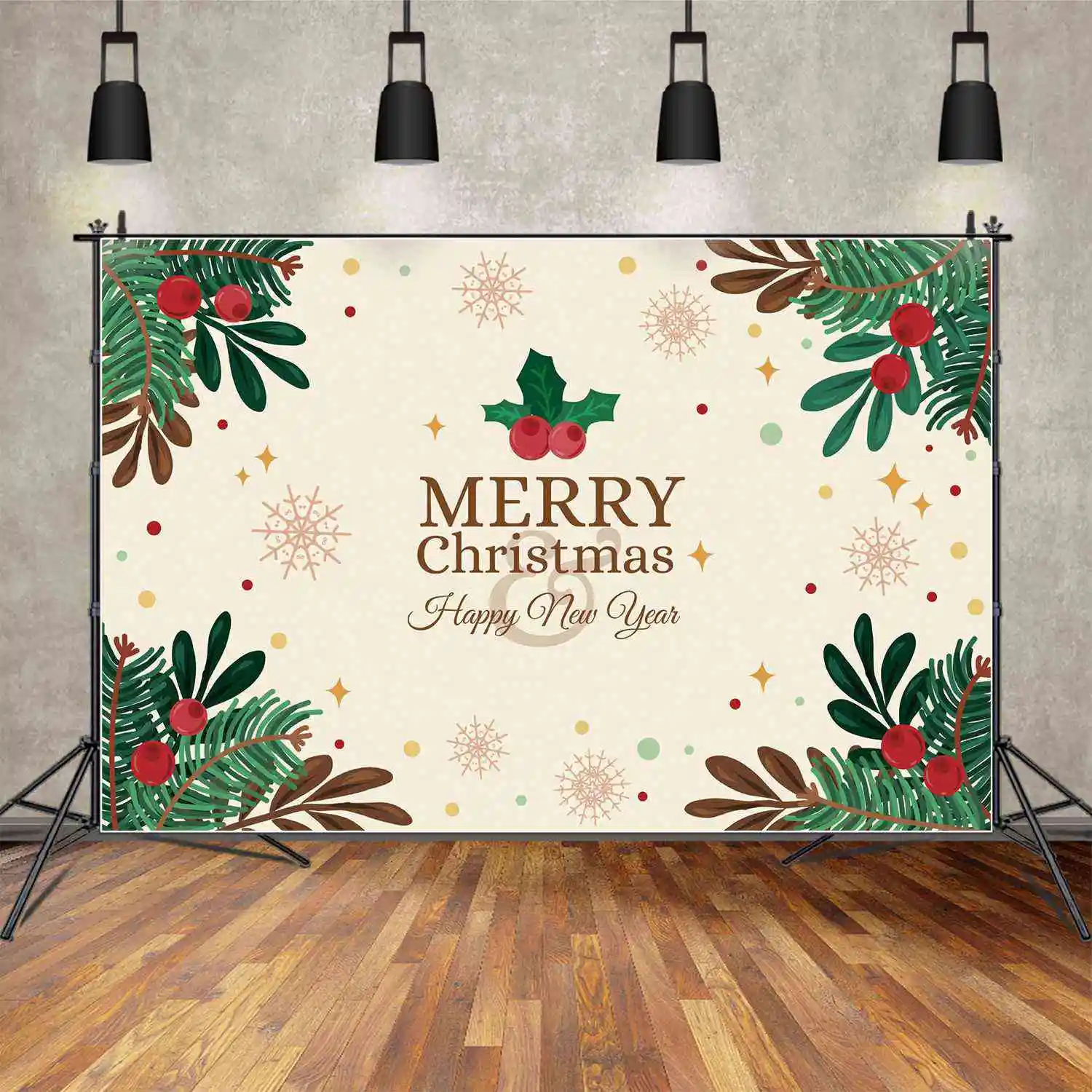 MOON.QG Backdrop Merry Christmas Banner Children Party Wall Background Red Bean Green Leaves Snowflake Decorations Photo Booth