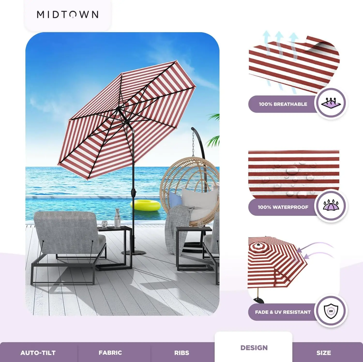 De Magere 6 Voet Buitenparaplu Met Terylast Rode Strepen (Rood/Witte Strepen) Polyester Stof-8 Ribben Aluminium Frame Patio Um